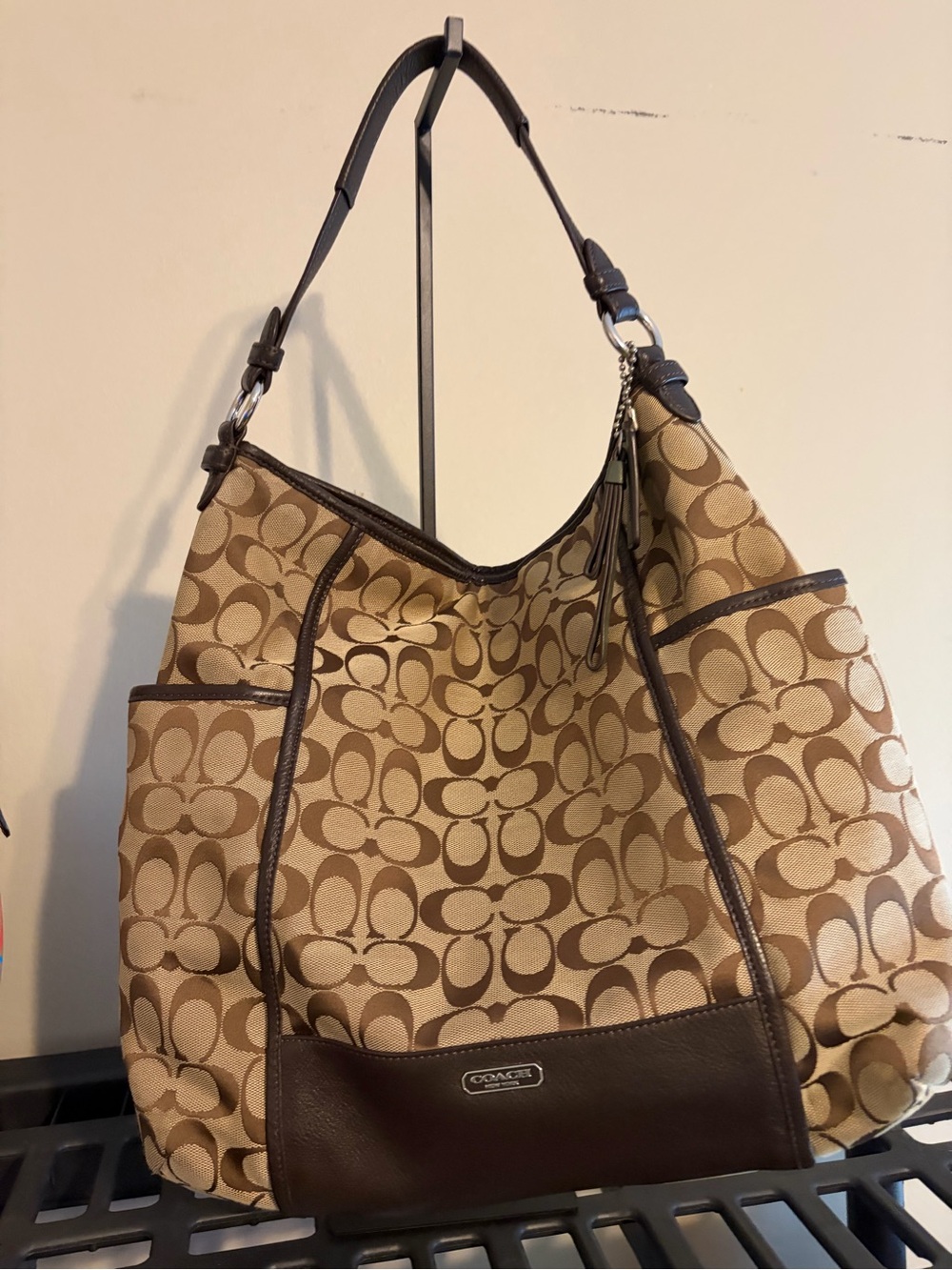 Coach Beige Signature Jacquard Shoulder Bag with Brown Trim